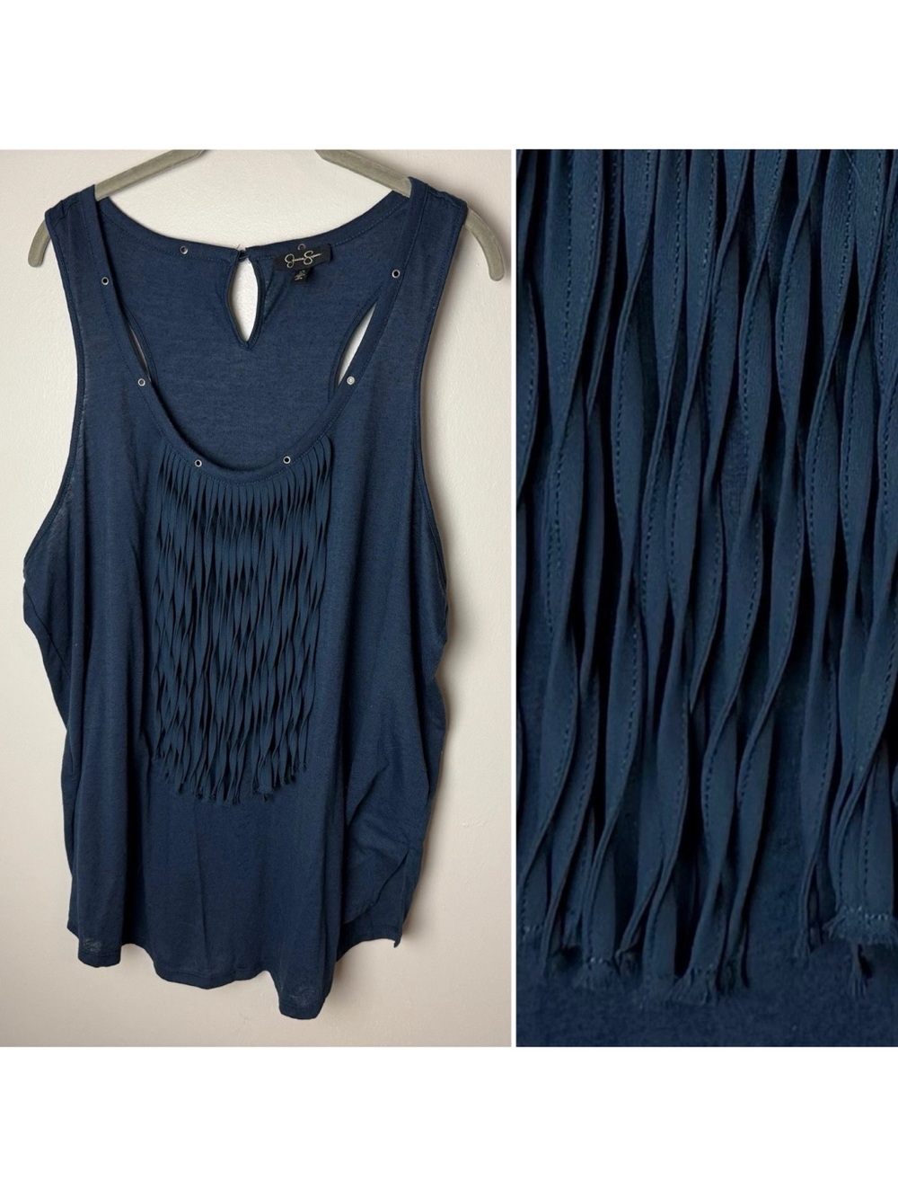 Jessica Simpson Top Plus Size 1X Navy Blue Fringe Grommet Boho Western Tank